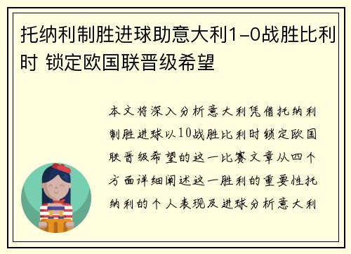 托纳利制胜进球助意大利1-0战胜比利时 锁定欧国联晋级希望
