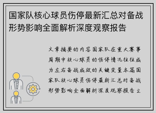 国家队核心球员伤停最新汇总对备战形势影响全面解析深度观察报告