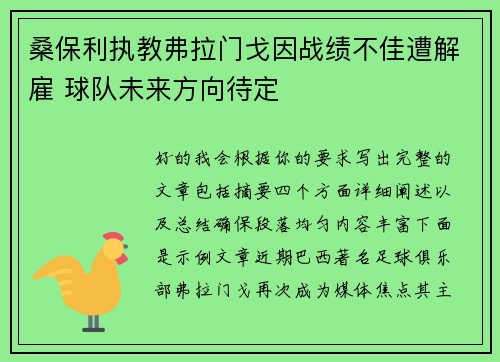 桑保利执教弗拉门戈因战绩不佳遭解雇 球队未来方向待定 桑保利执教弗拉门戈因战绩不佳遭解雇 球队未来方向待定